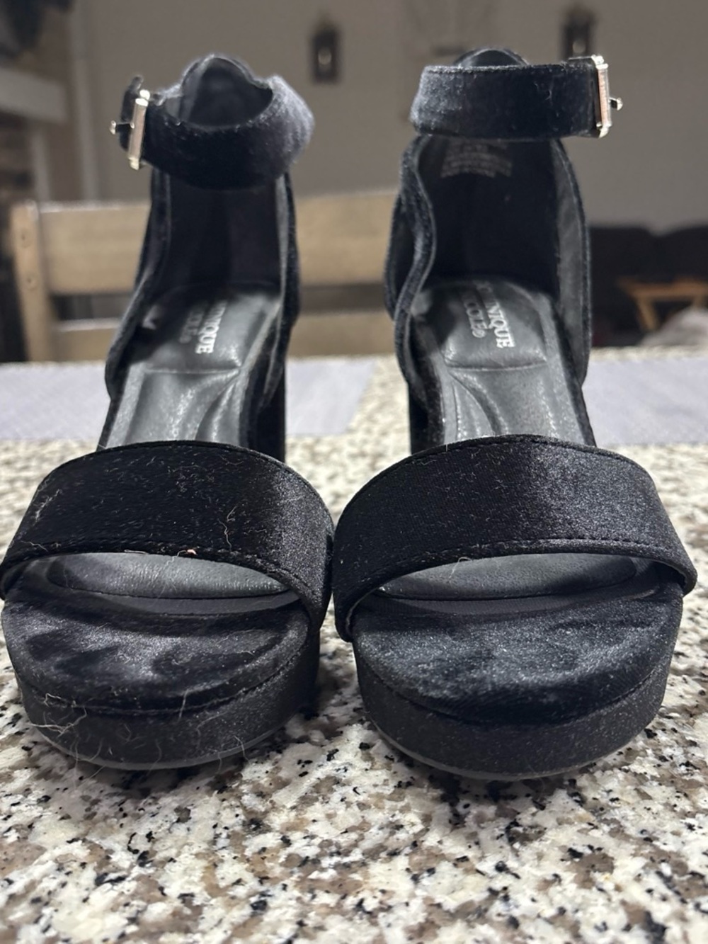 Dominique Black Velvet Ankle-Strap Platform Heels